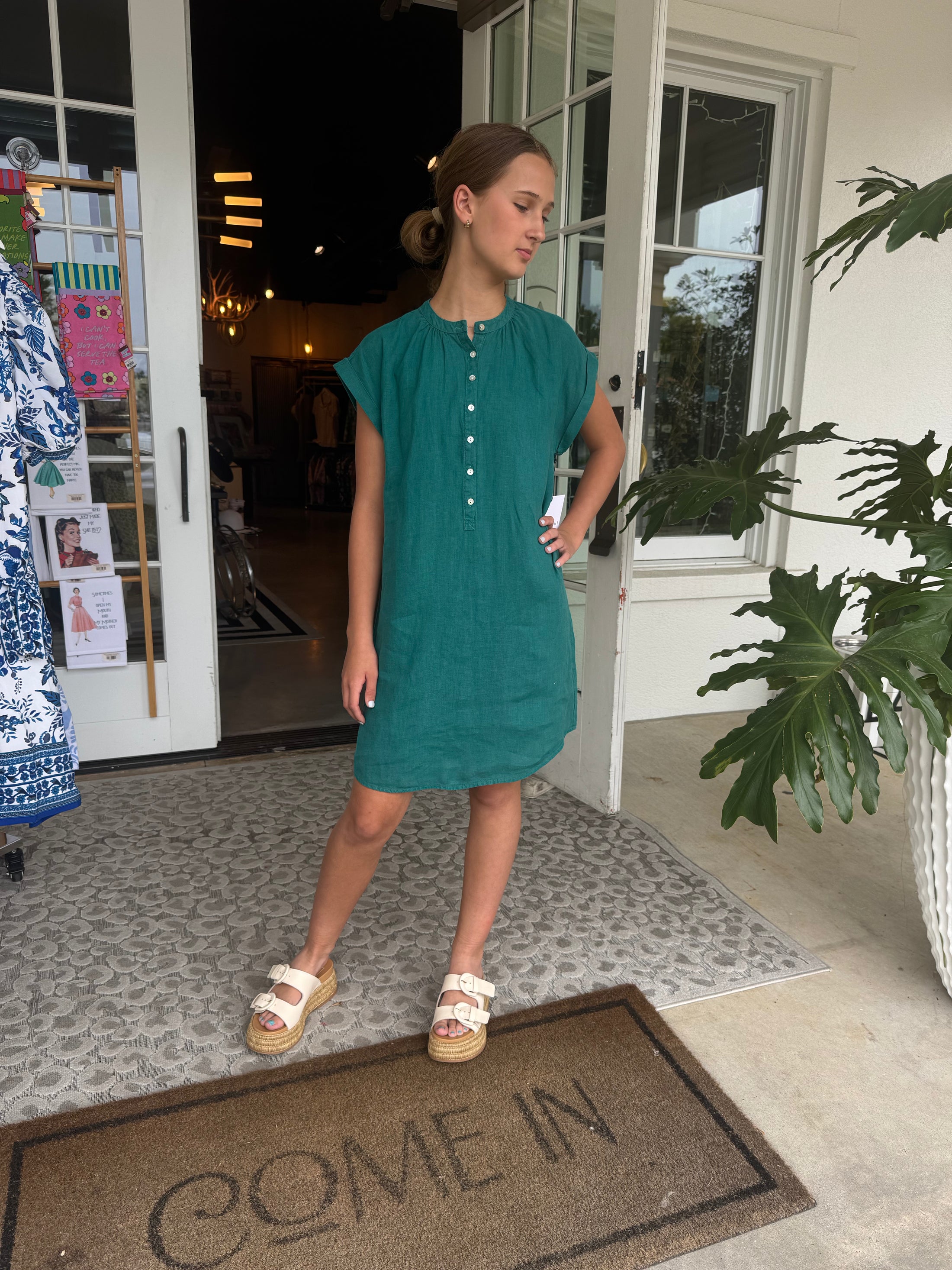 Cap Sleeve Henley Dress- Teal Green