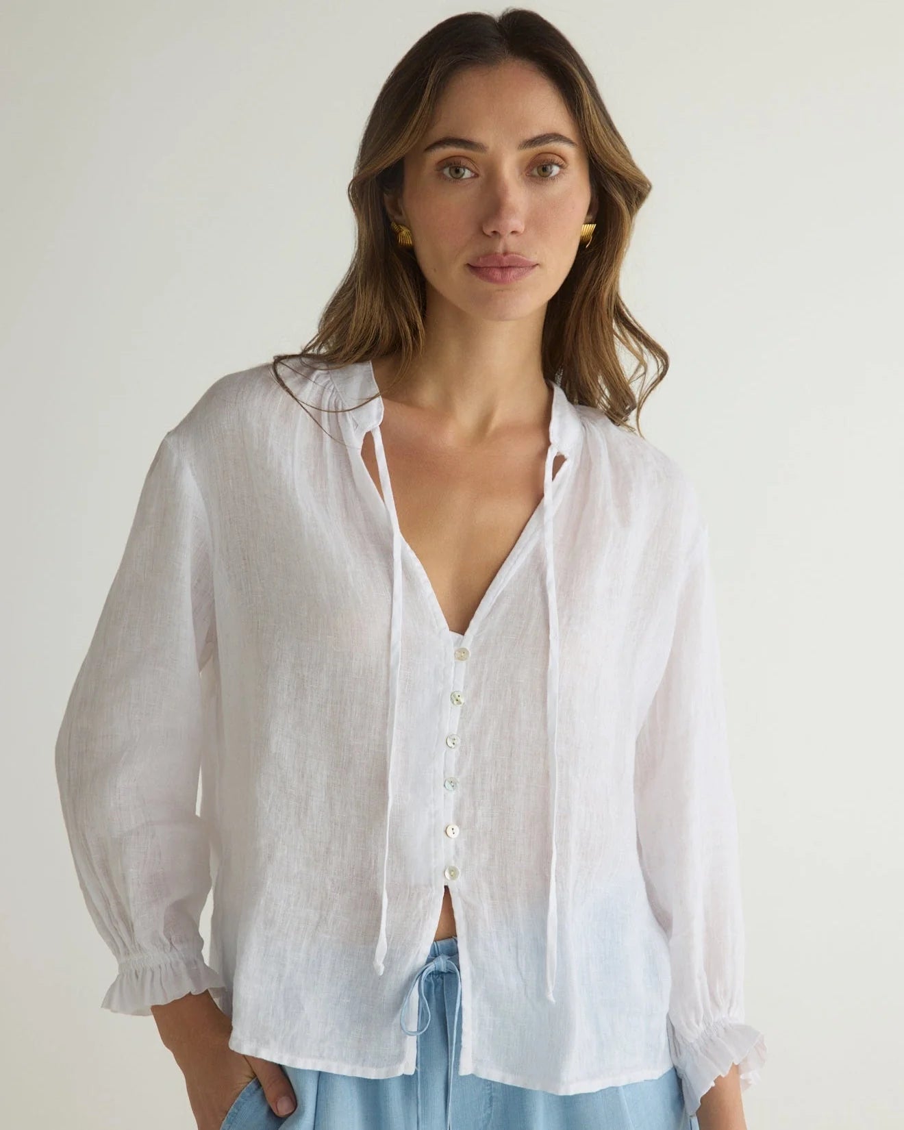 3/4 Sleeve Tie Neck Blouse- White