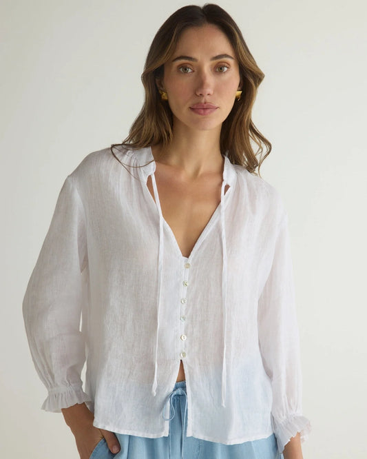 3/4 Sleeve Tie Neck Blouse- White