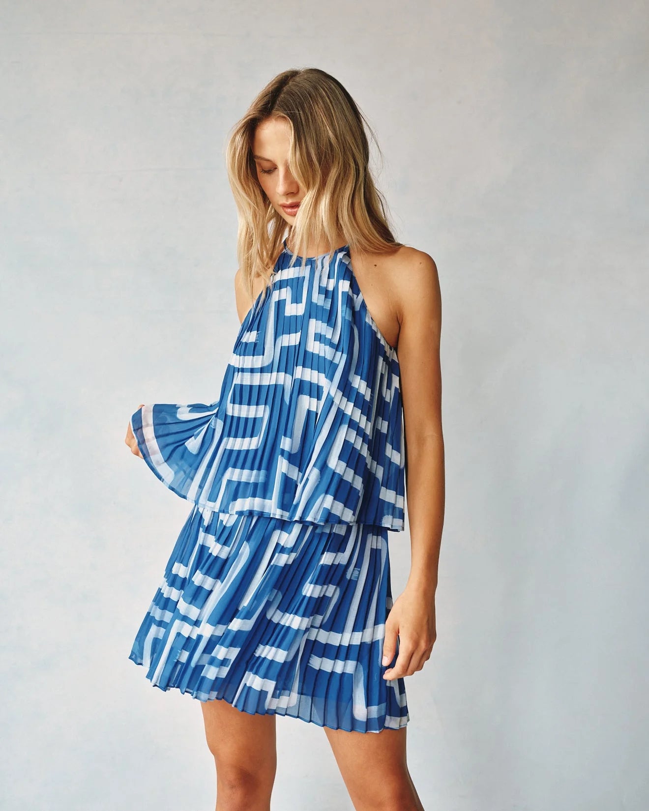 Pleated Halter Top- Coastal Line Print