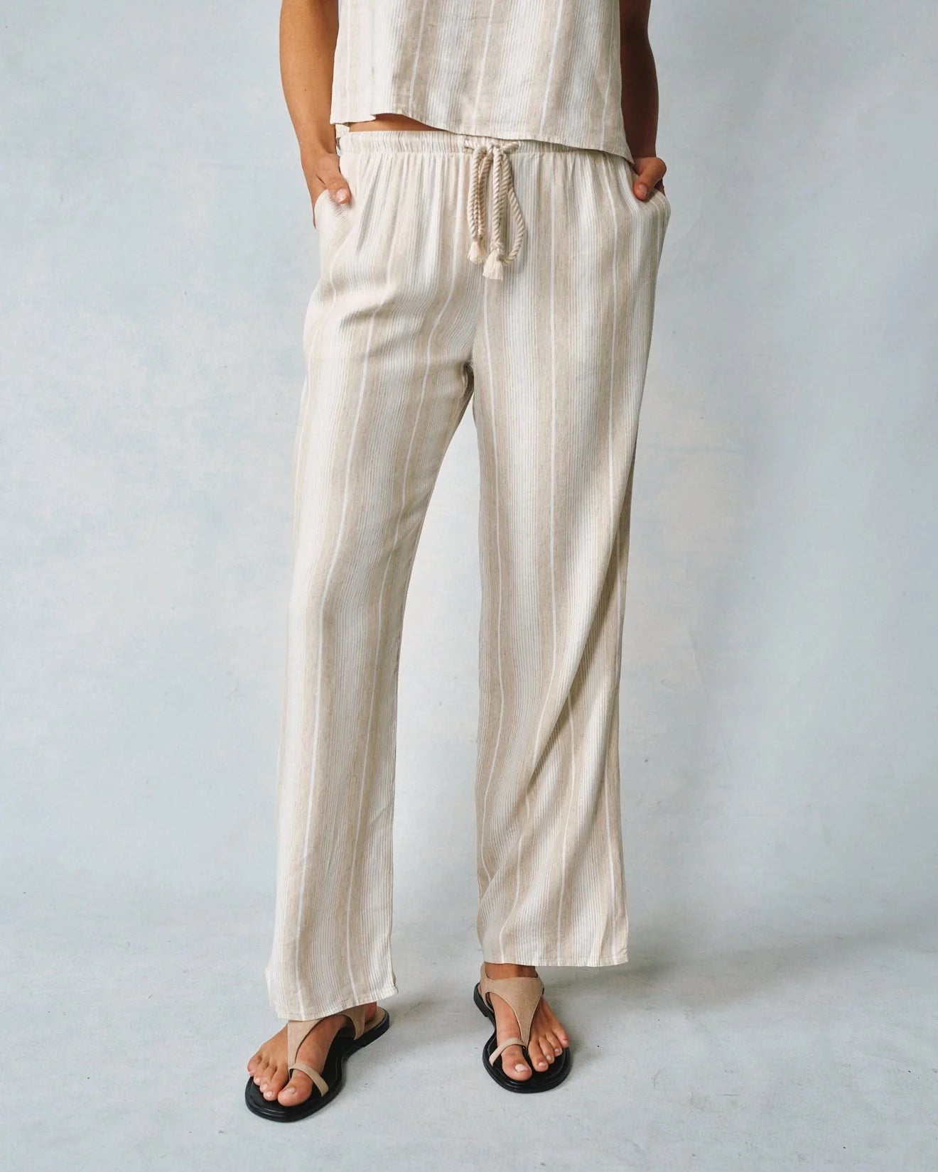 Wide Leg Pant w/ Drawcord- Positano Sand Stripe