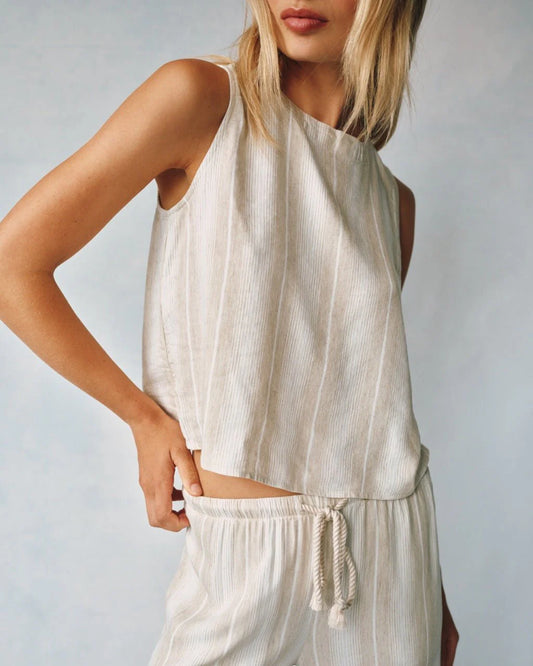 Sleeveless Button Back Top- Positano Sand Stripe