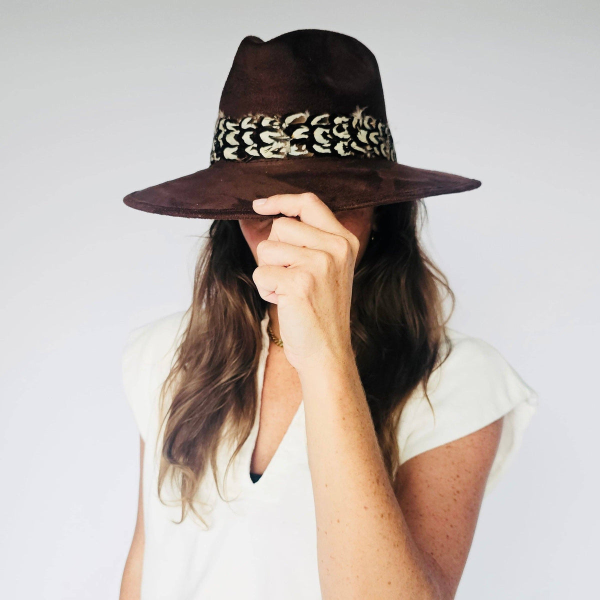 Chocolate Suede Hat with Brown and White Feather: Chocolate Suede Hat
