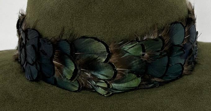 Olive Suede Hat with Green Feather: Olive Suede Hat