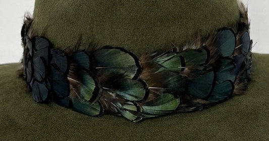 Olive Suede Hat with Green Feather: Olive Suede Hat