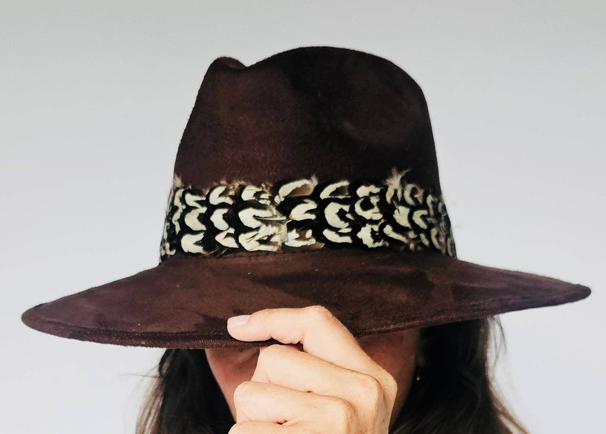 Chocolate Suede Hat with Brown and White Feather: Chocolate Suede Hat