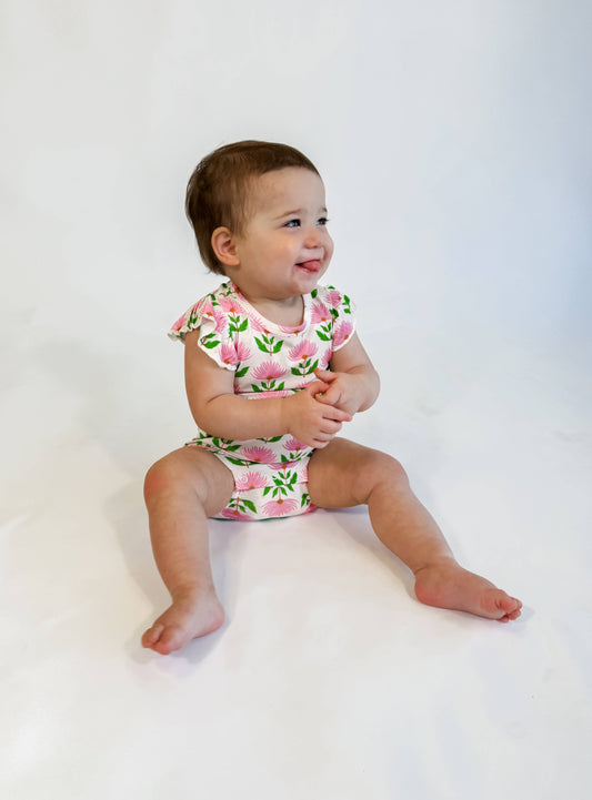 Pink Block Print Flowers - Flutter Bubble: 3-6 months
