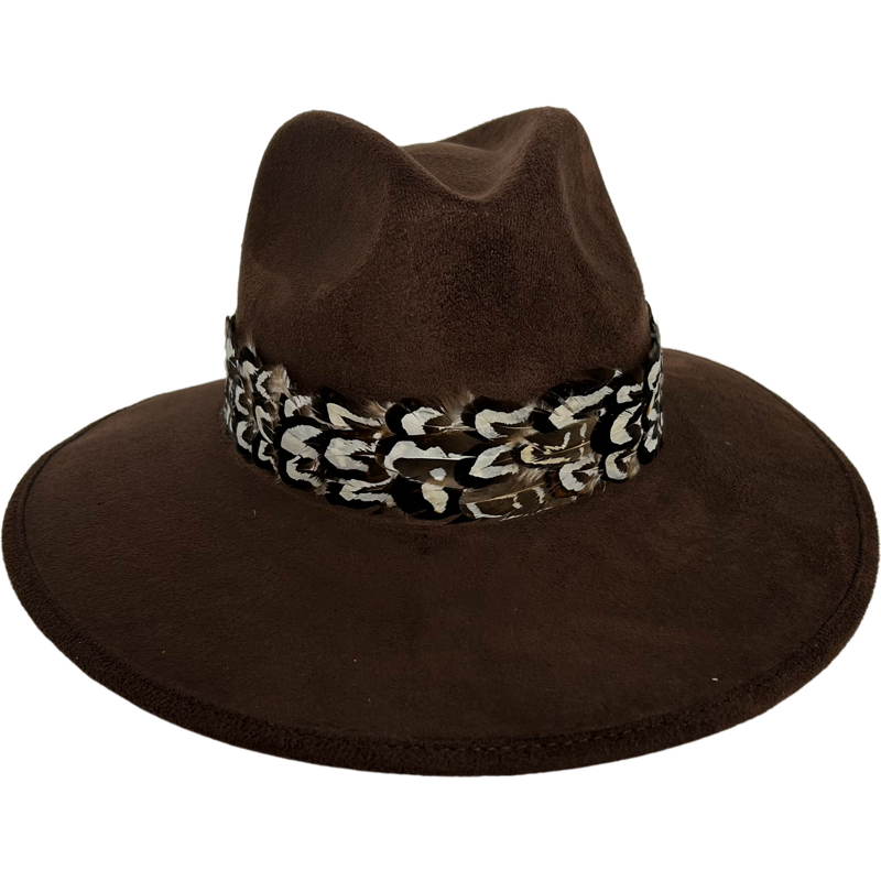 Chocolate Suede Hat with Brown and White Feather: Chocolate Suede Hat