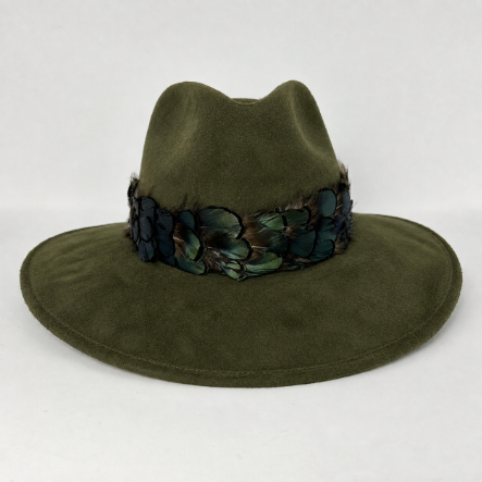 Olive Suede Hat with Green Feather: Olive Suede Hat