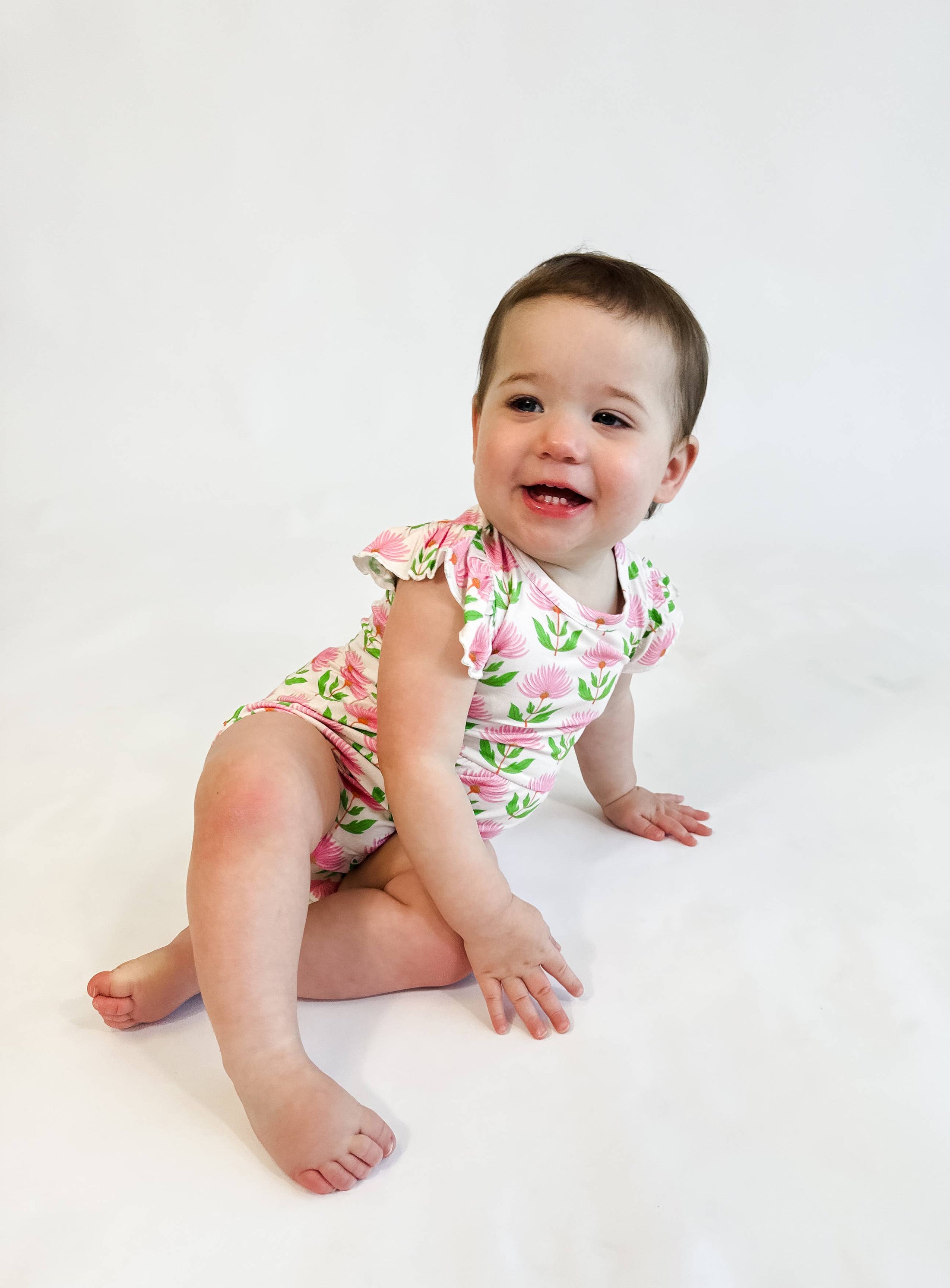Pink Block Print Flowers - Flutter Bubble: 3-6 months
