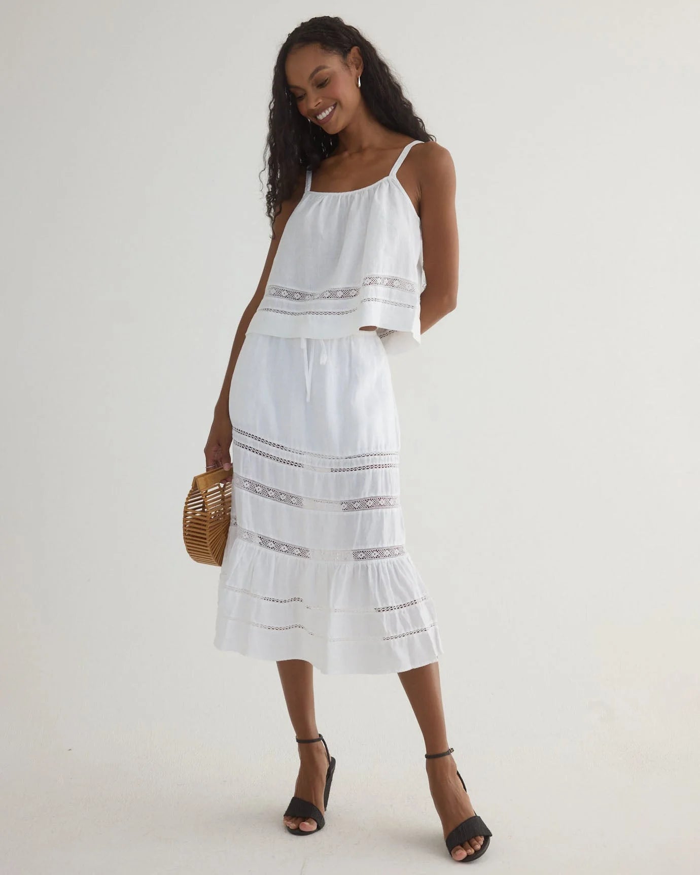 Lace Trim Tiered Skirt- White