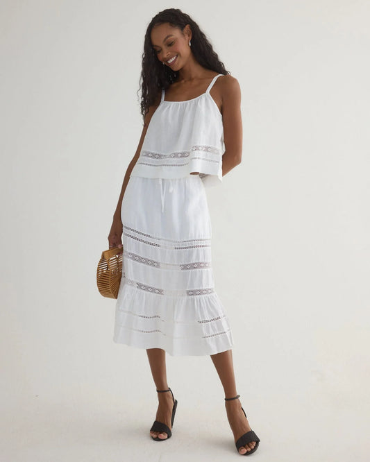 Lace Trim Tiered Skirt- White