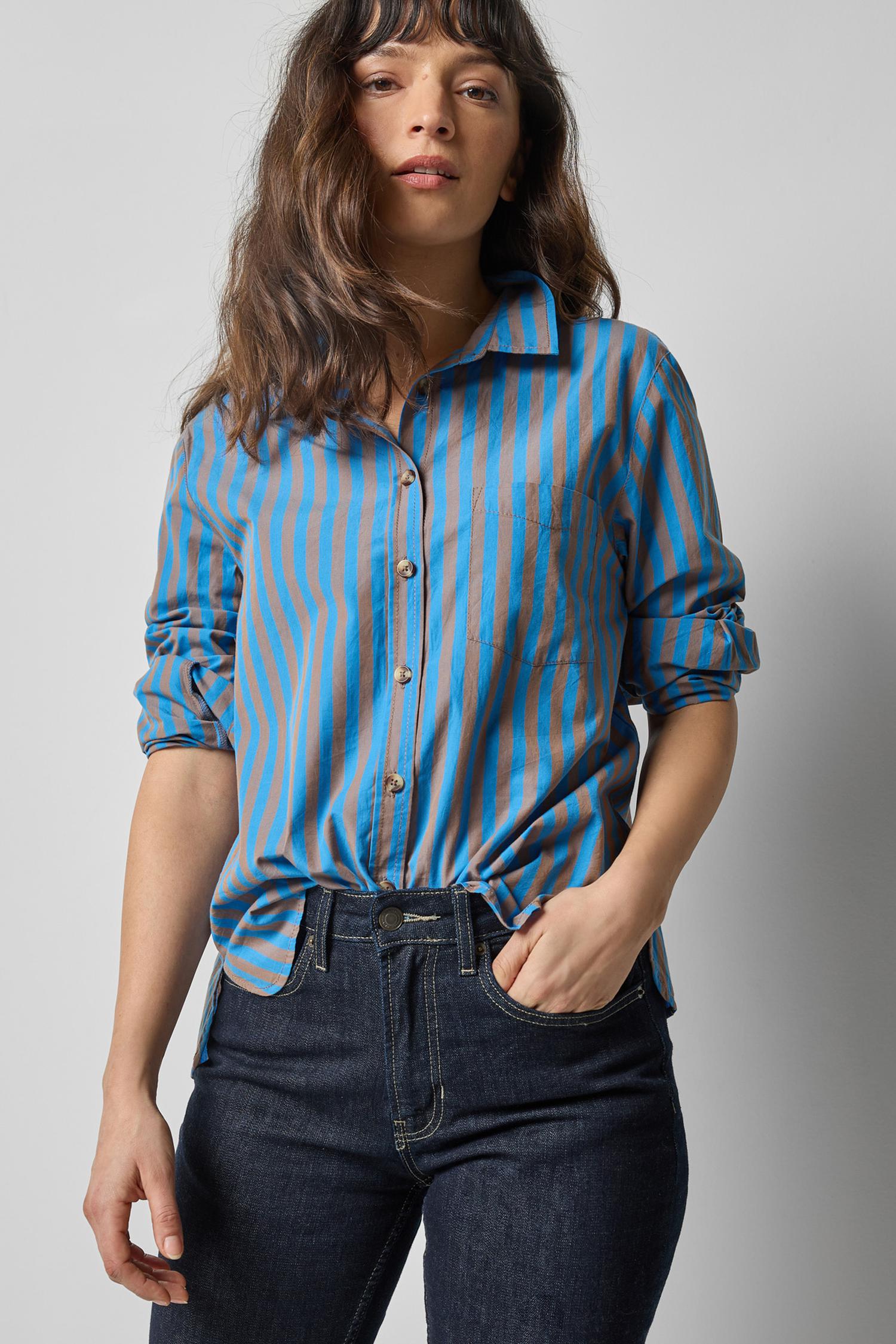 Button Down- Cocoa/Lapis Stripe