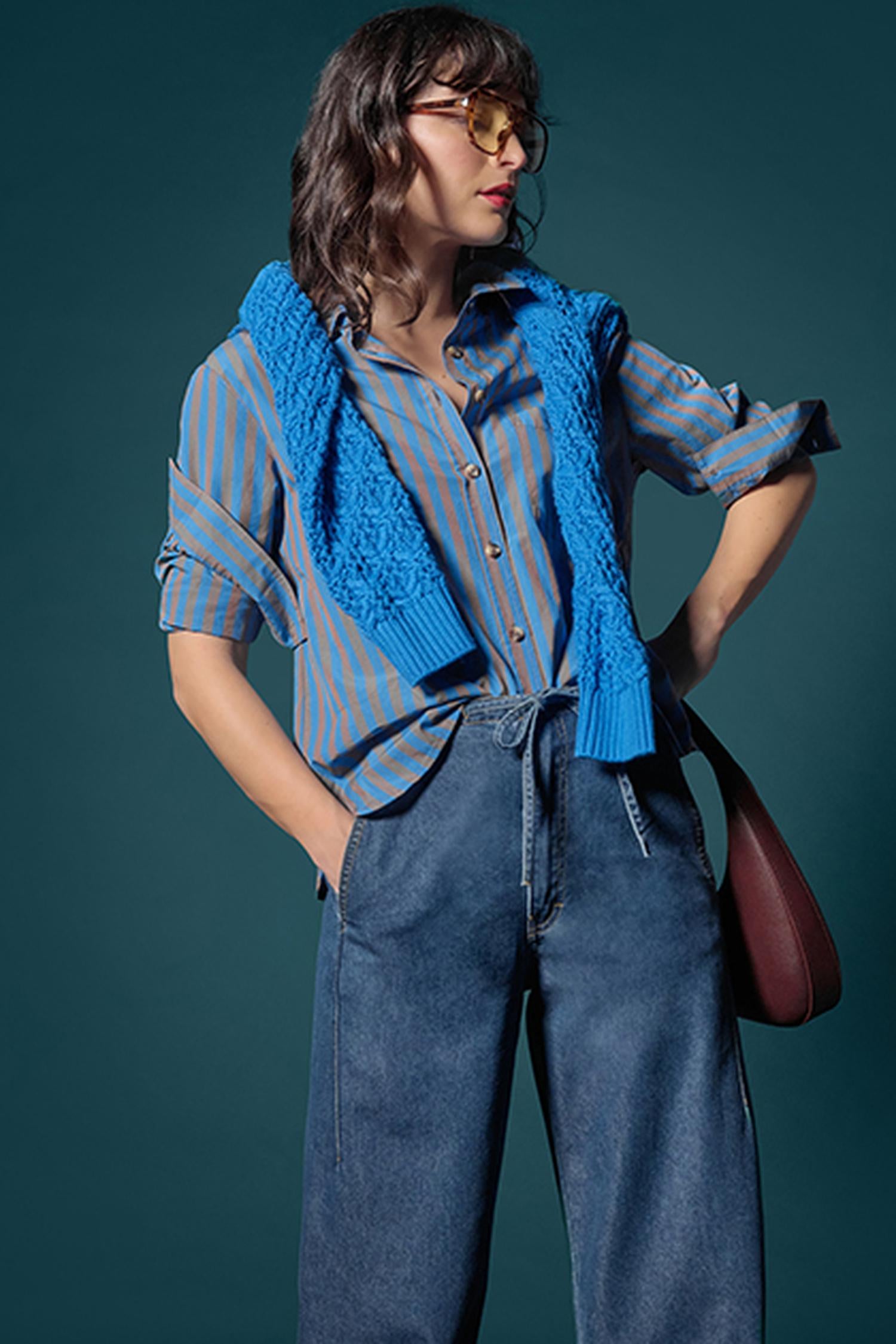 Button Down- Cocoa/Lapis Stripe