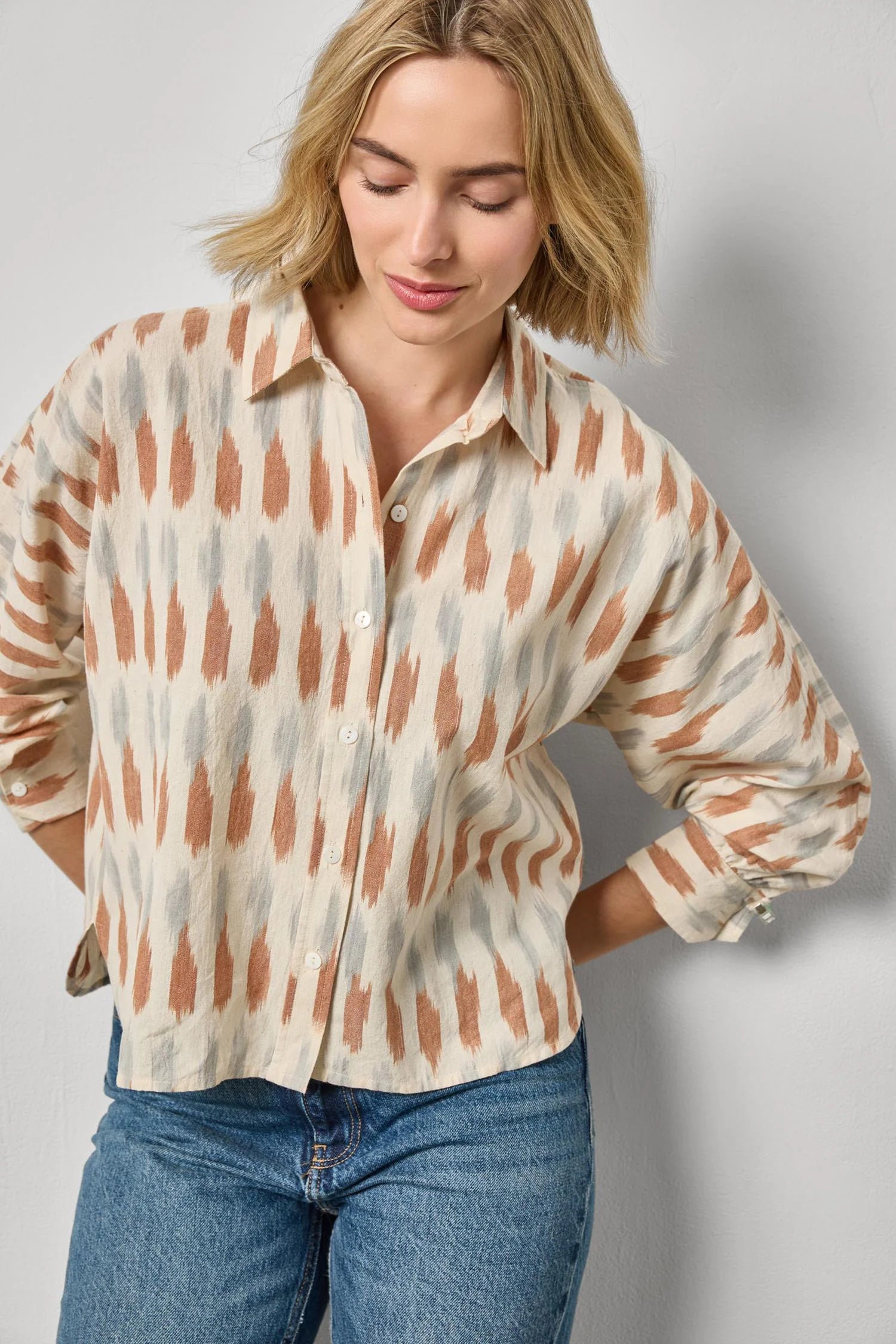 Ikat Dolman Button Down- Carob Ikat