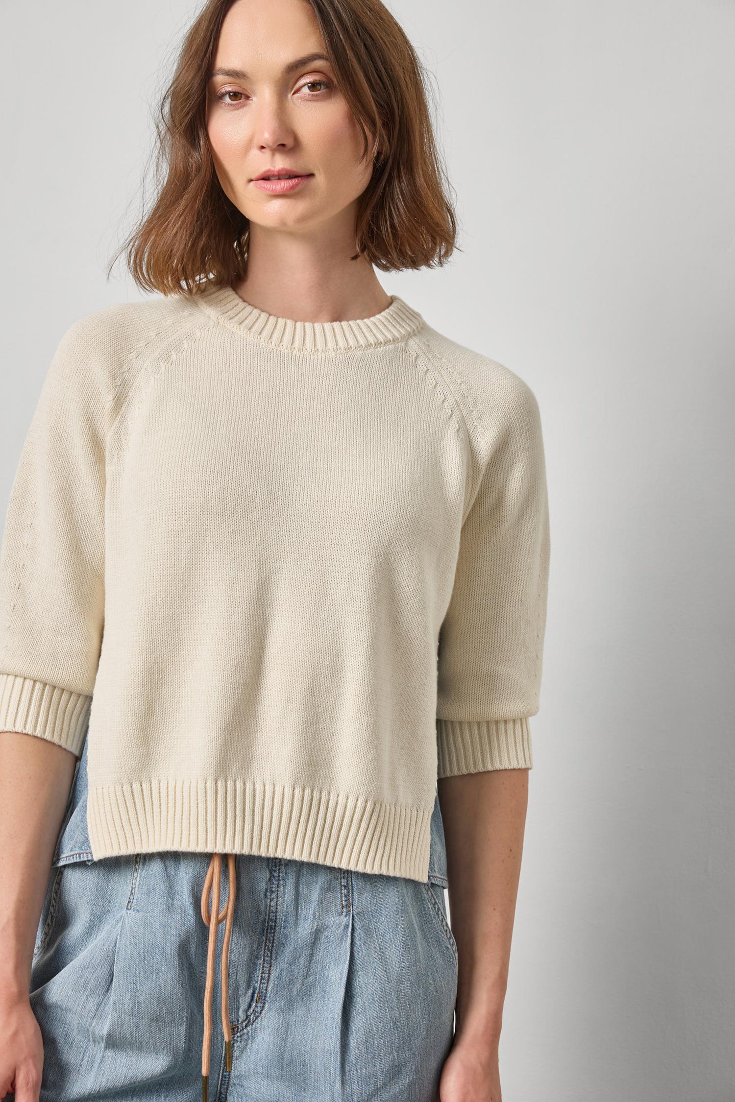 Denim Elbow Sleeve Sweater- Off White