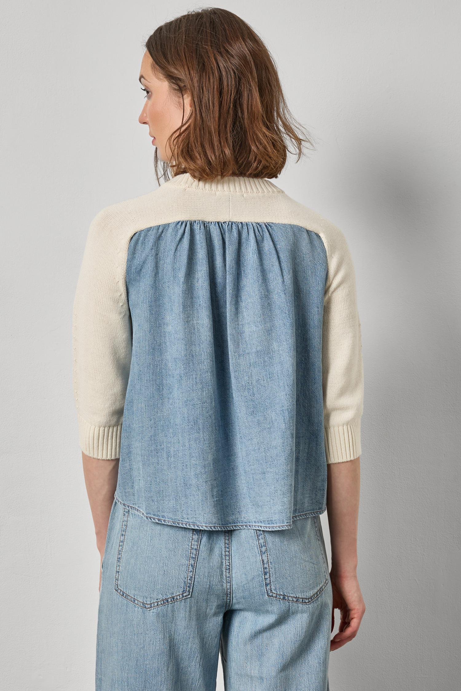 Denim Elbow Sleeve Sweater- Off White
