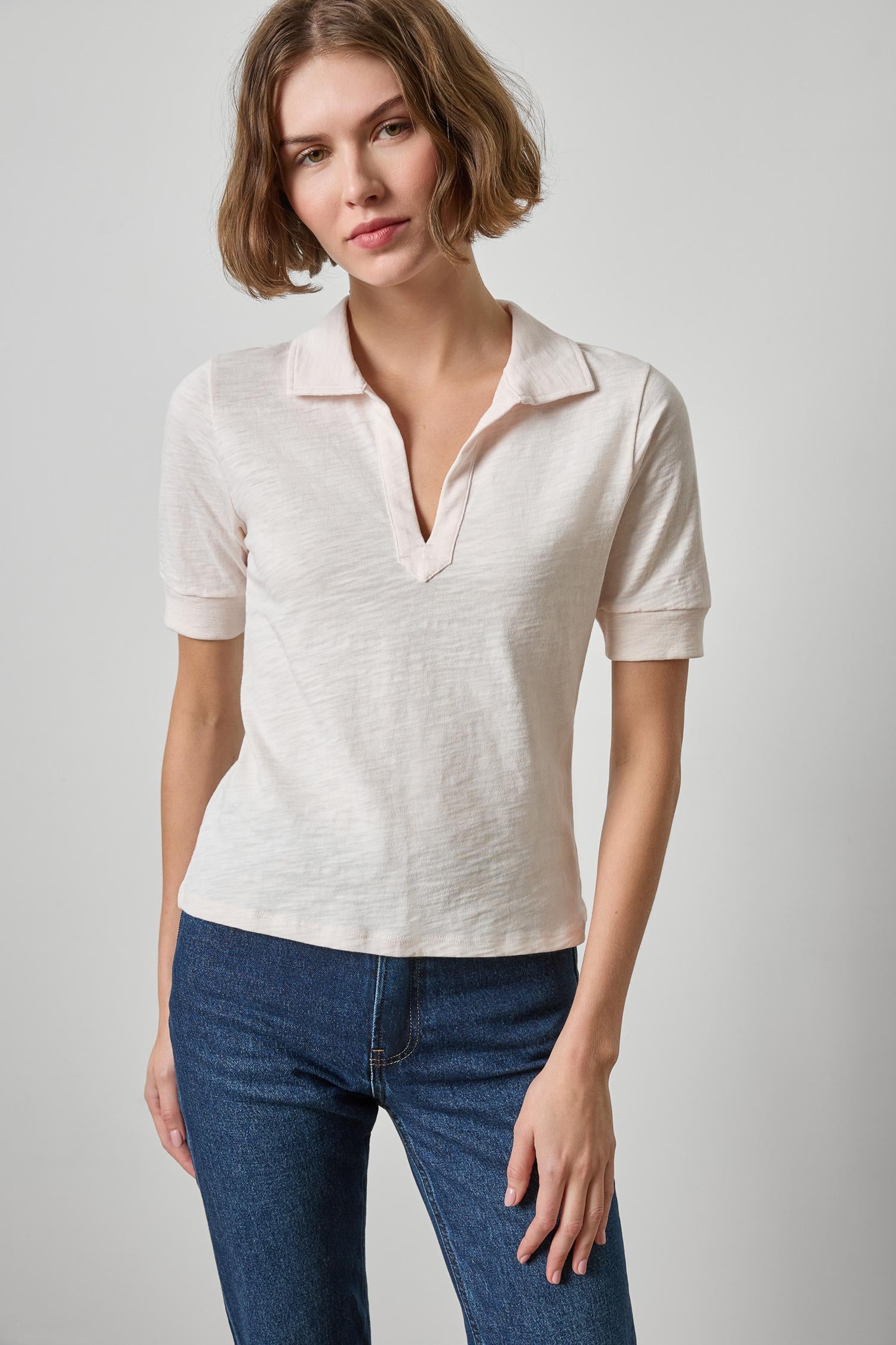 Elbow Sleeve Collard Split Neck