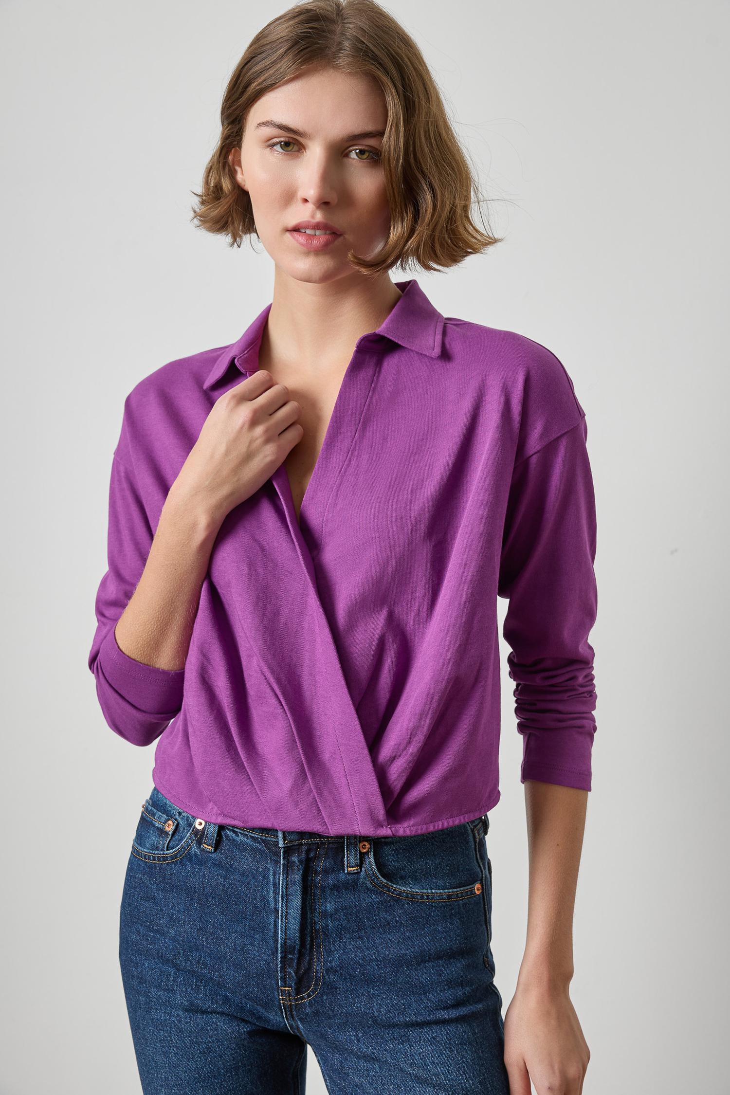Faux Wrap Collared Top- Snapdragon