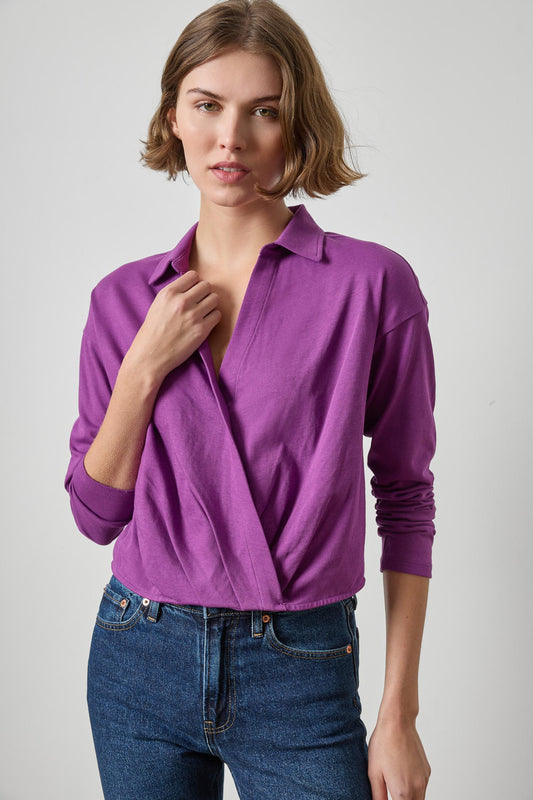 Faux Wrap Collared Top- Snapdragon