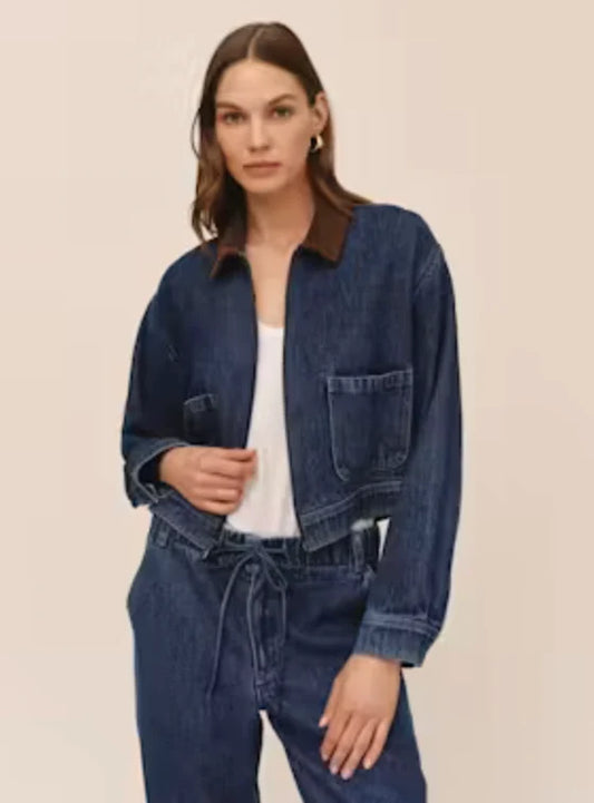 Crop Zip Up Barn Jacket- Dark Rinse