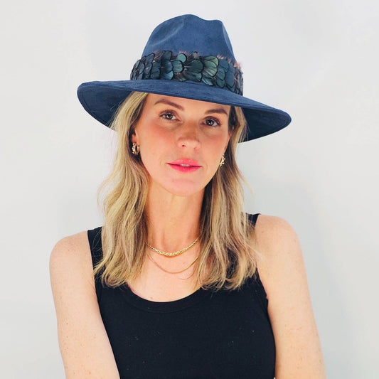 Navy Suede Hat with Green Feather: Navy Suede Hat