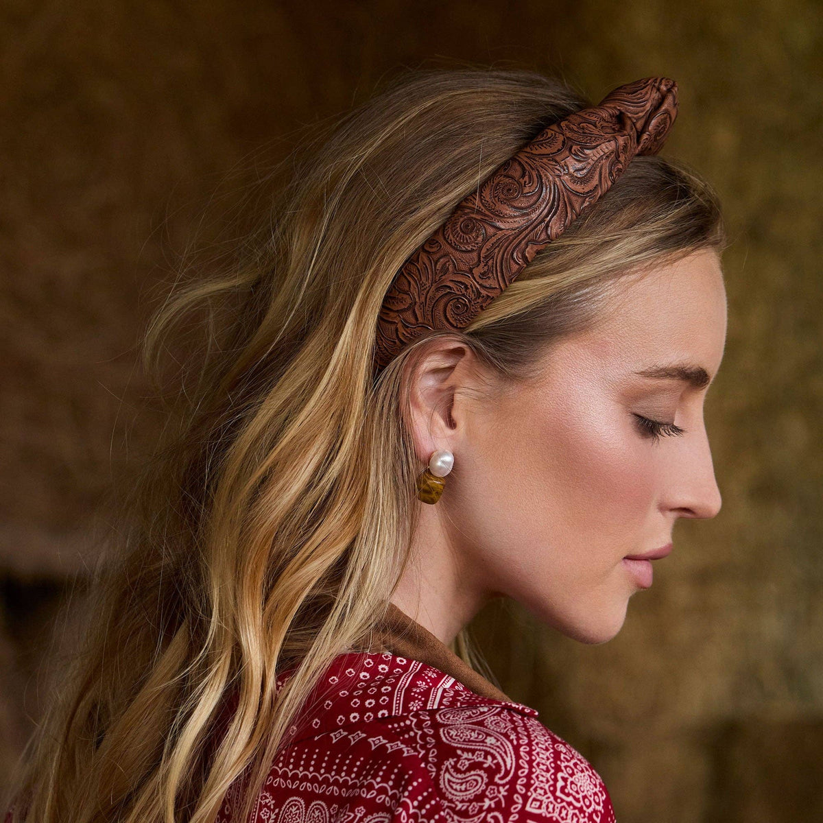 WALNUT SLIM KNOTTED TOOLED FAUX LEATHER HEADBAND