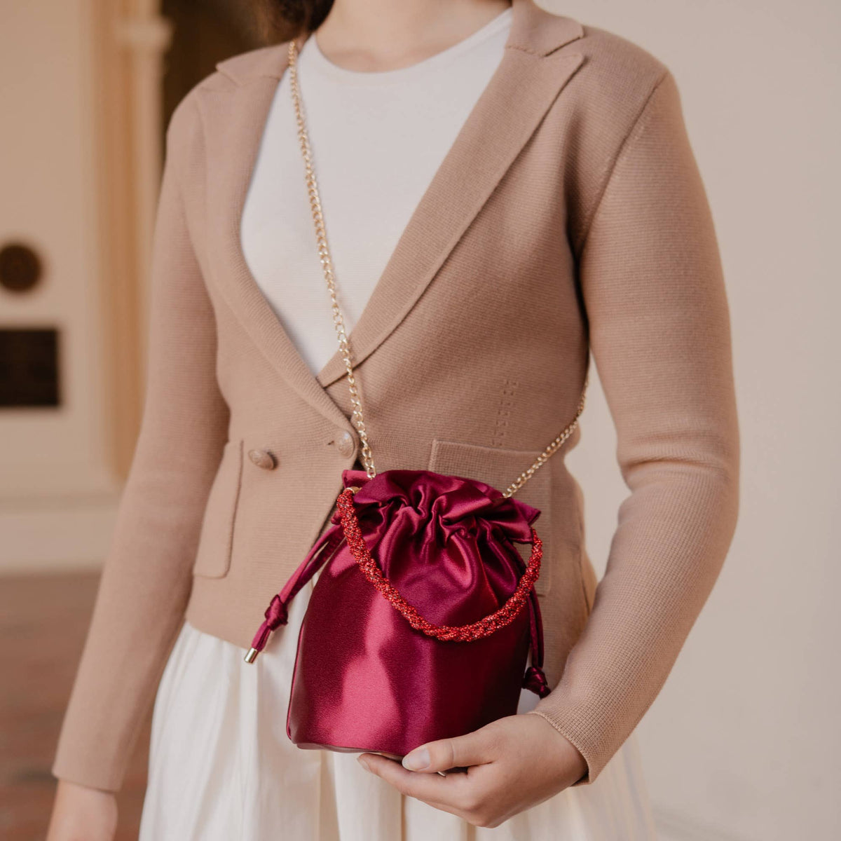 Jeane Champagne Satin Top Handle Bag
